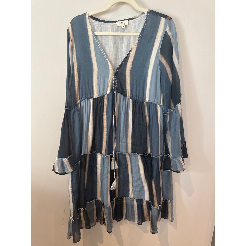 Holiday Gauze Cotton Boho Dress Blue Stripe Tiered Tassel Tunic Medium